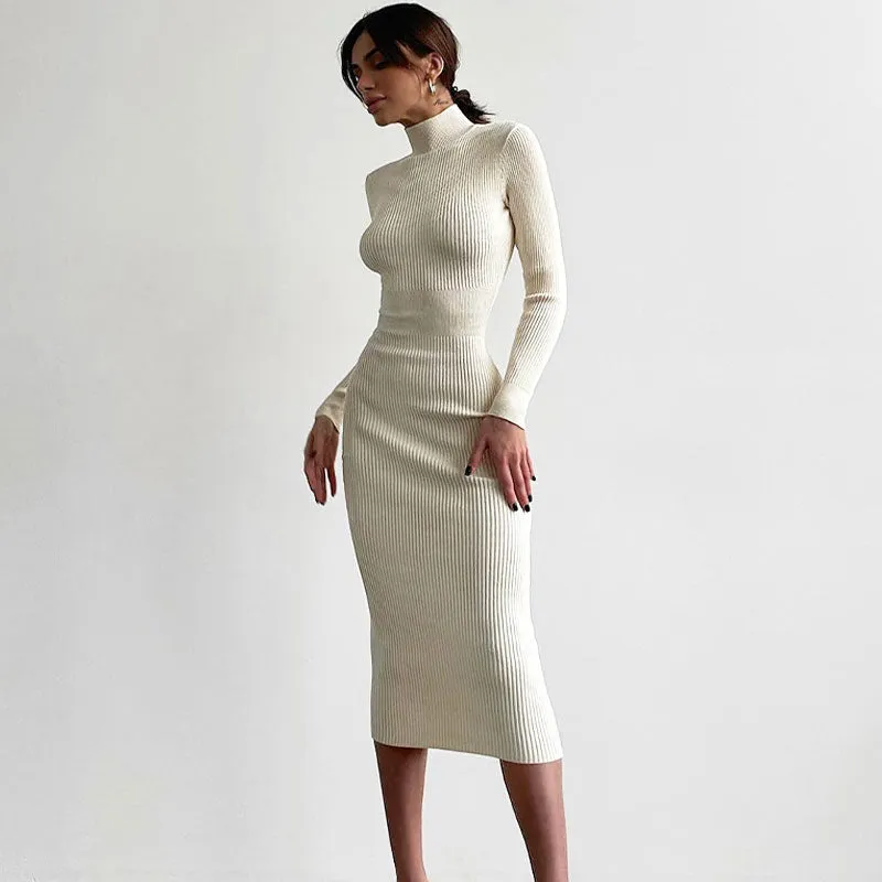 Elegant High Neck Long Sleeve Bodycon Rib Knit White Midi Sweater Dress