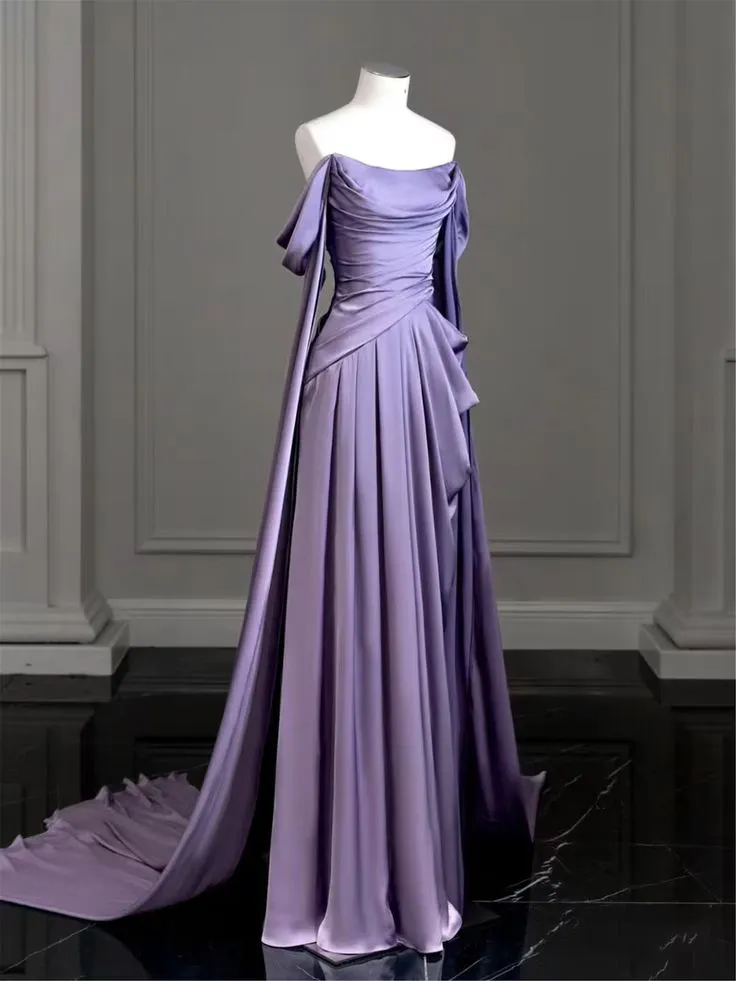 Elegant Purple Satin Prom Dress, Draped Bodice Formal Party Dress