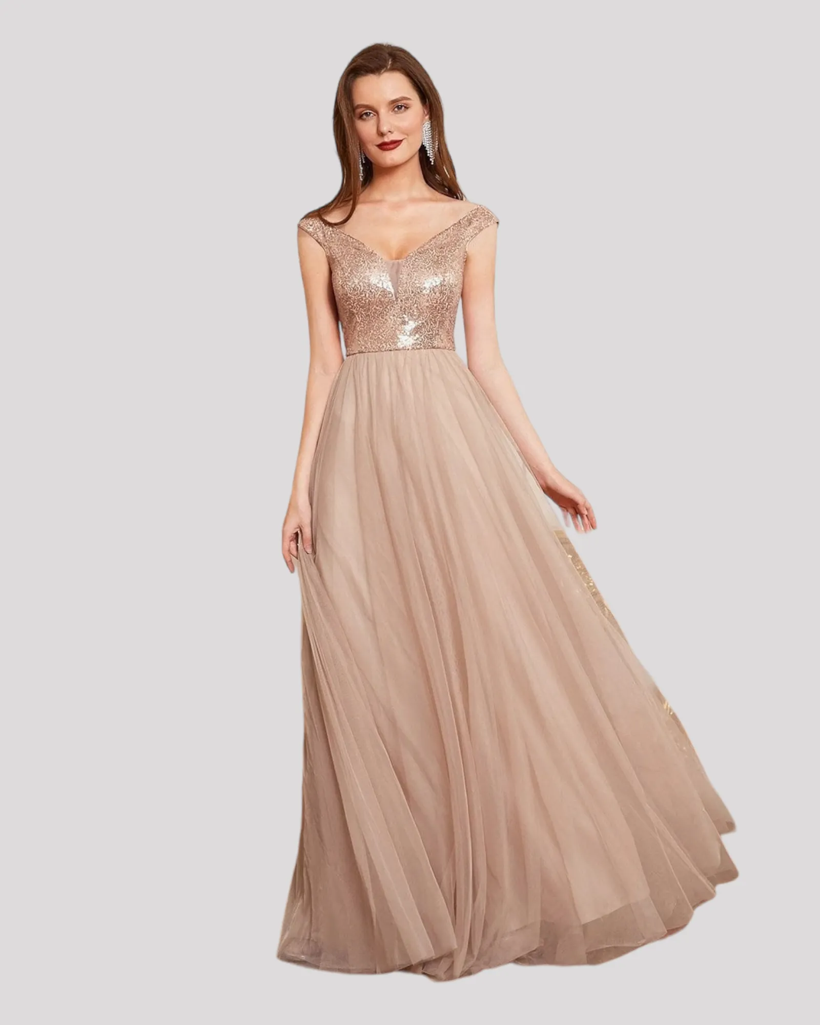 Elegant Sequin Bodice and Soft Tulle Evening Dress with V Neckline available in 7 Colours