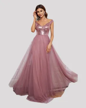 Elegant Sequin Bodice and Soft Tulle Evening Dress with V Neckline available in 7 Colours