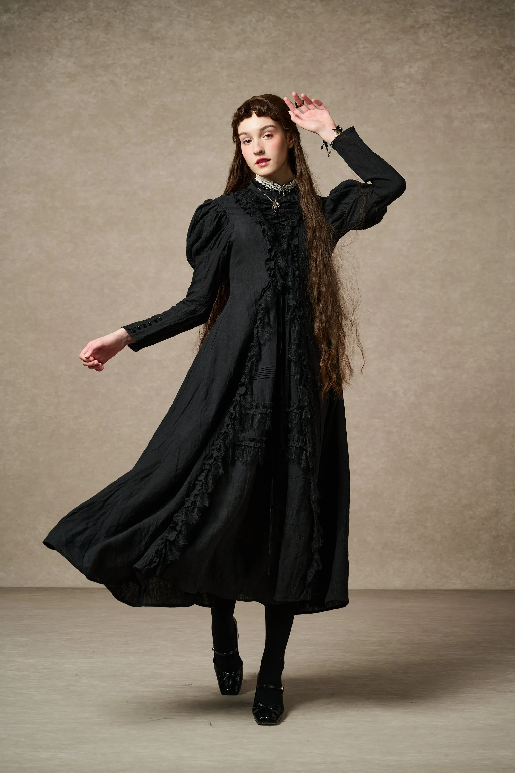 Elizabeth 15 | Black Victorian Linen Dress