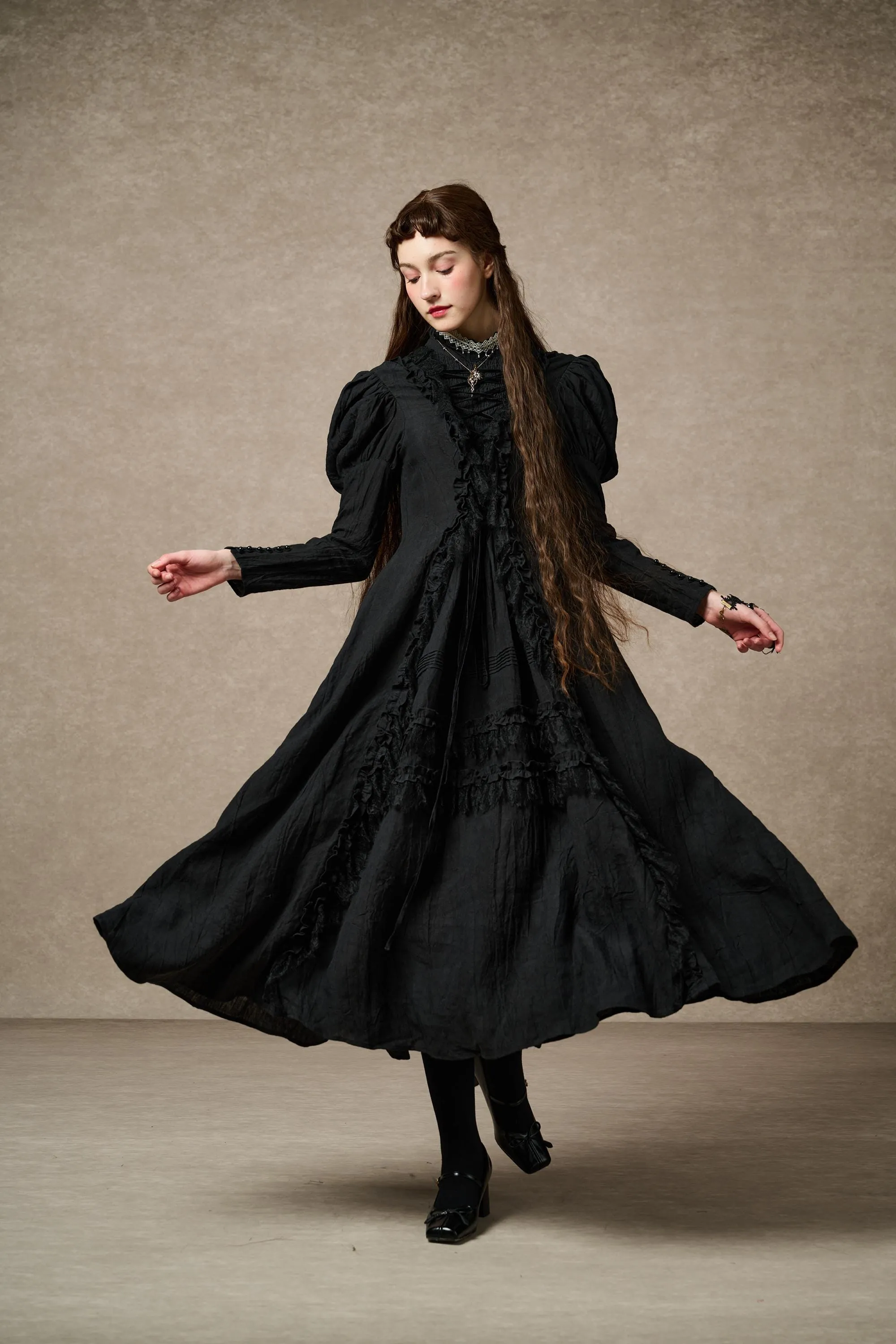 Elizabeth 15 | Black Victorian Linen Dress