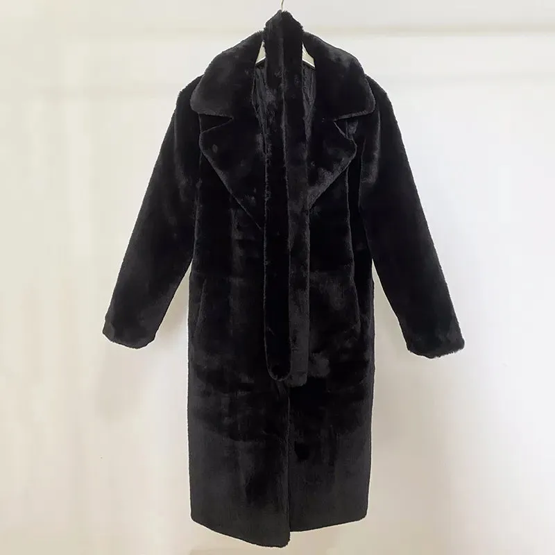 Faux Fur Stylish Long Belted Coat