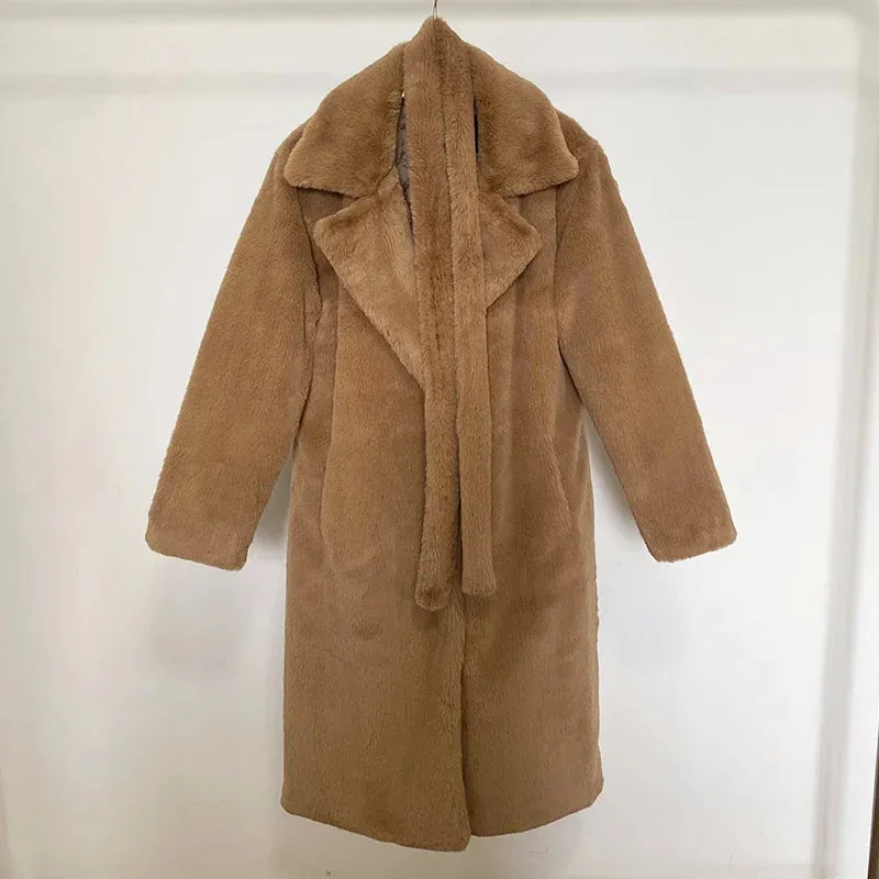 Faux Fur Stylish Long Belted Coat