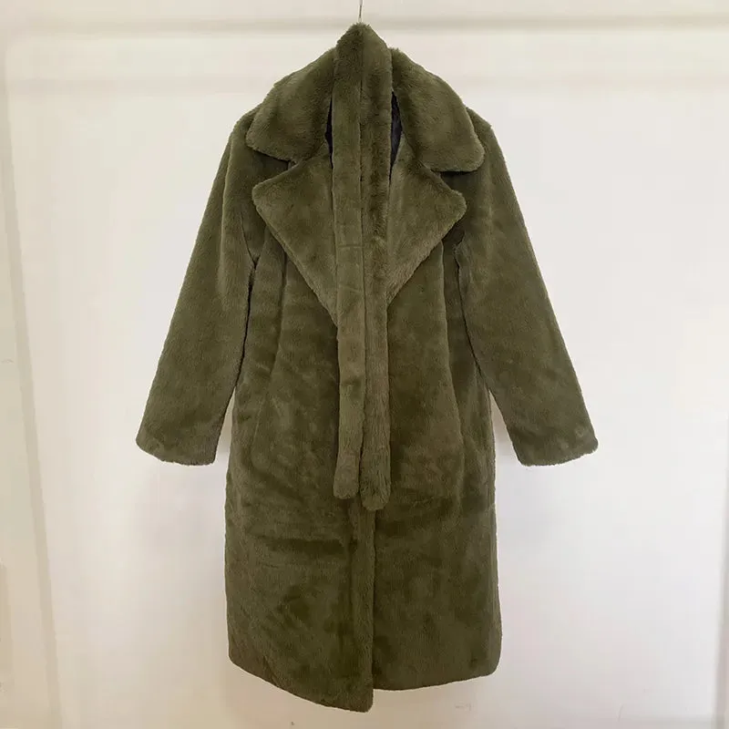 Faux Fur Stylish Long Belted Coat