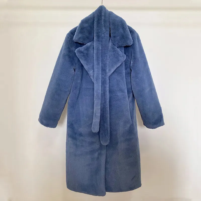 Faux Fur Stylish Long Belted Coat