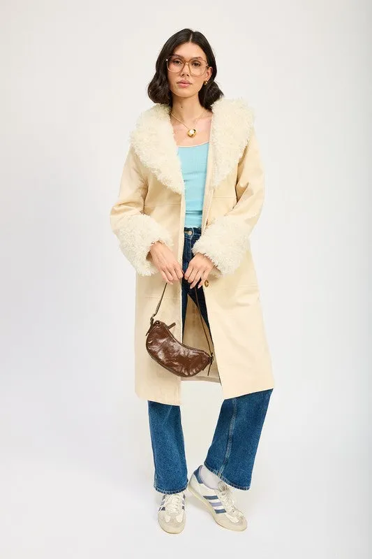 Faux Ivory Fur Mid Trench Coat