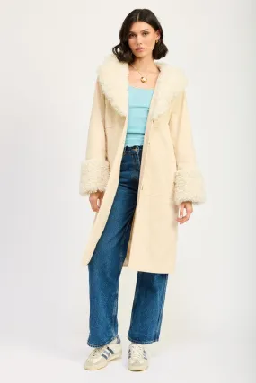 Faux Ivory Fur Mid Trench Coat