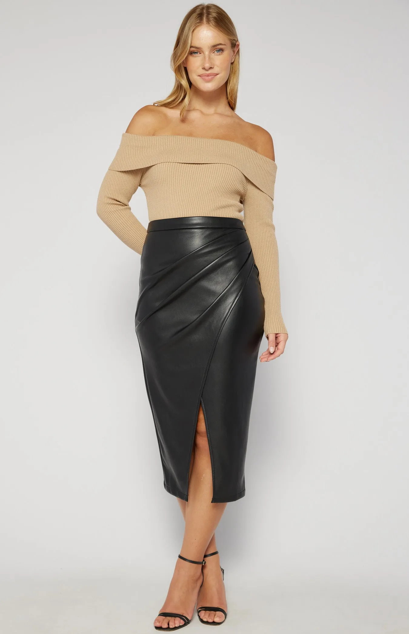 Faux Leather Midi Skirt with Side Pleat - Black