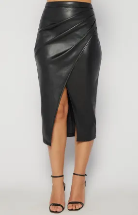 Faux Leather Midi Skirt with Side Pleat - Black