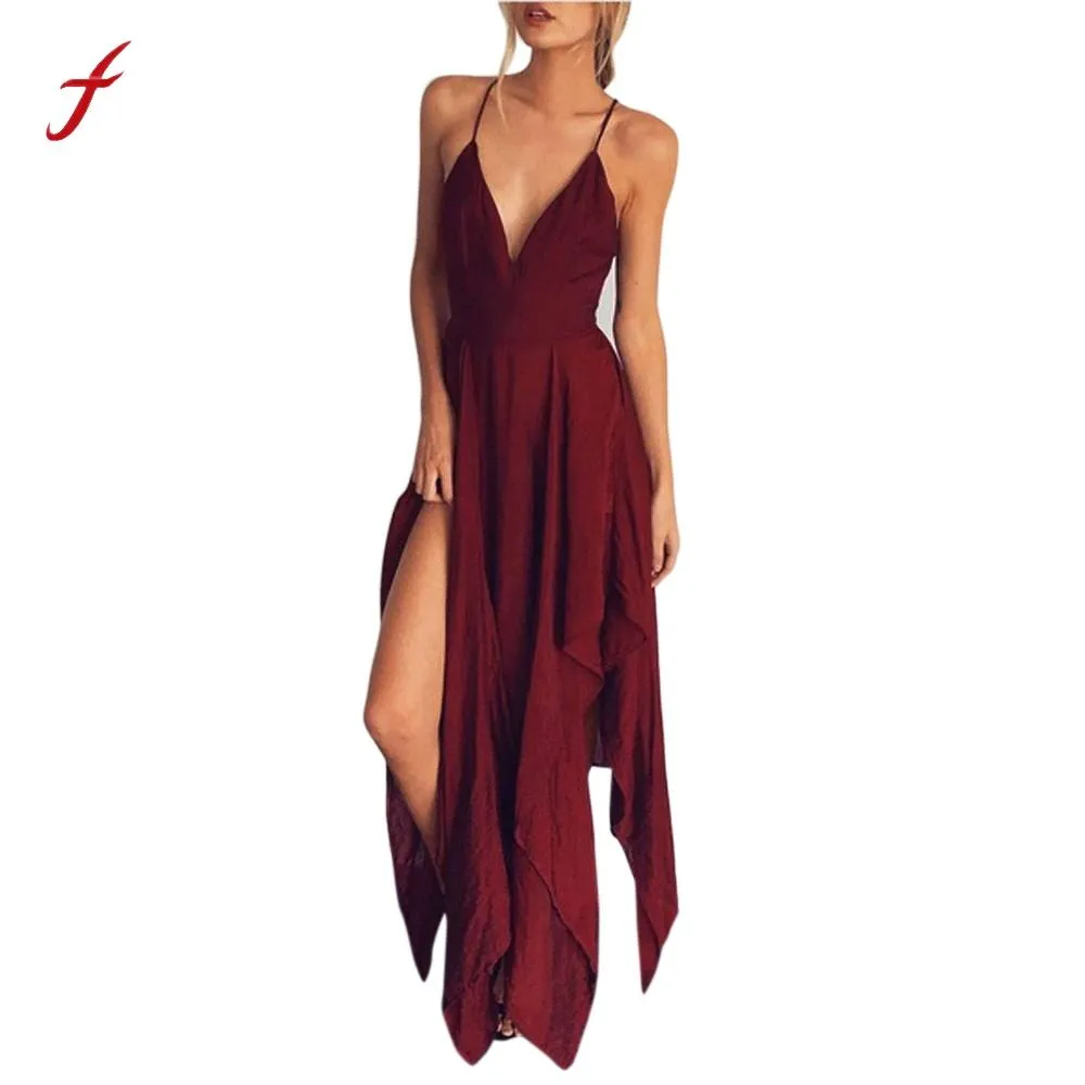 Feitong Women Summer Dress Boho Sexy Irregular Deep V Neck Spaghetti Strap Casual Beach Maxi Dress Sundress vestidos femininos