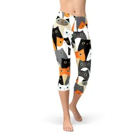 Feline Fantasy Women's Capri Leggings with All-Over Cat Print