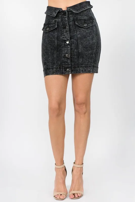 FOLDED WAIST WASHED DENIM SKIRTS