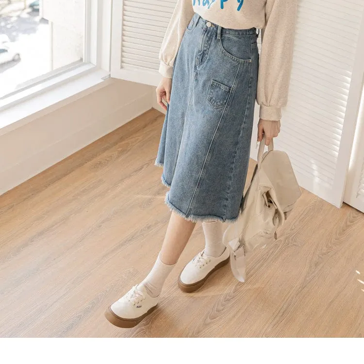 FRAYED HEM SLIM A-LINE DENIM MIDI SKIRTS