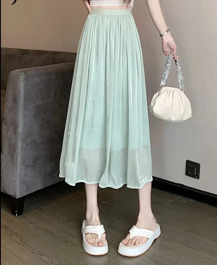 Gauze Skirt Women New Summer Pearlescent Long Skirt Female Fashion Elegant Purple Green Black Loose Mesh Midi Skirts S-XL