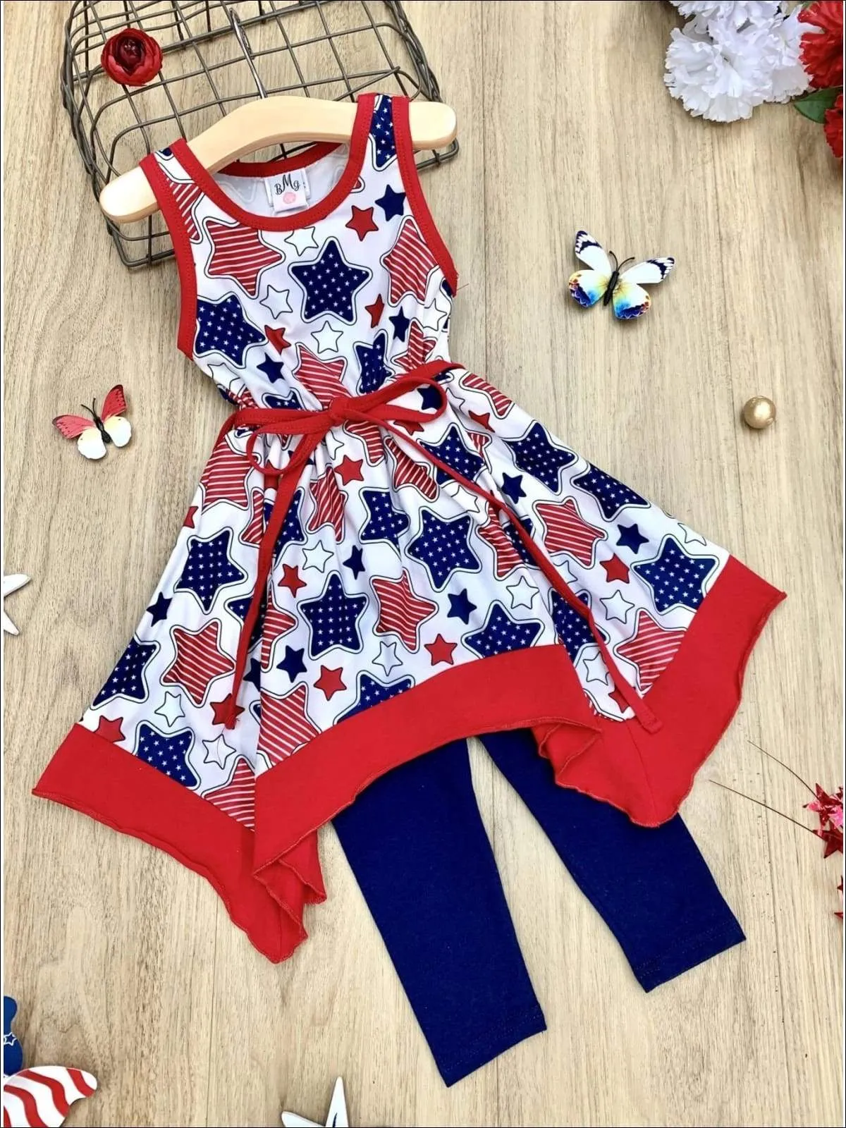 Girls 4th of July Themed Handkerchief Tunic And Capri Legging Set