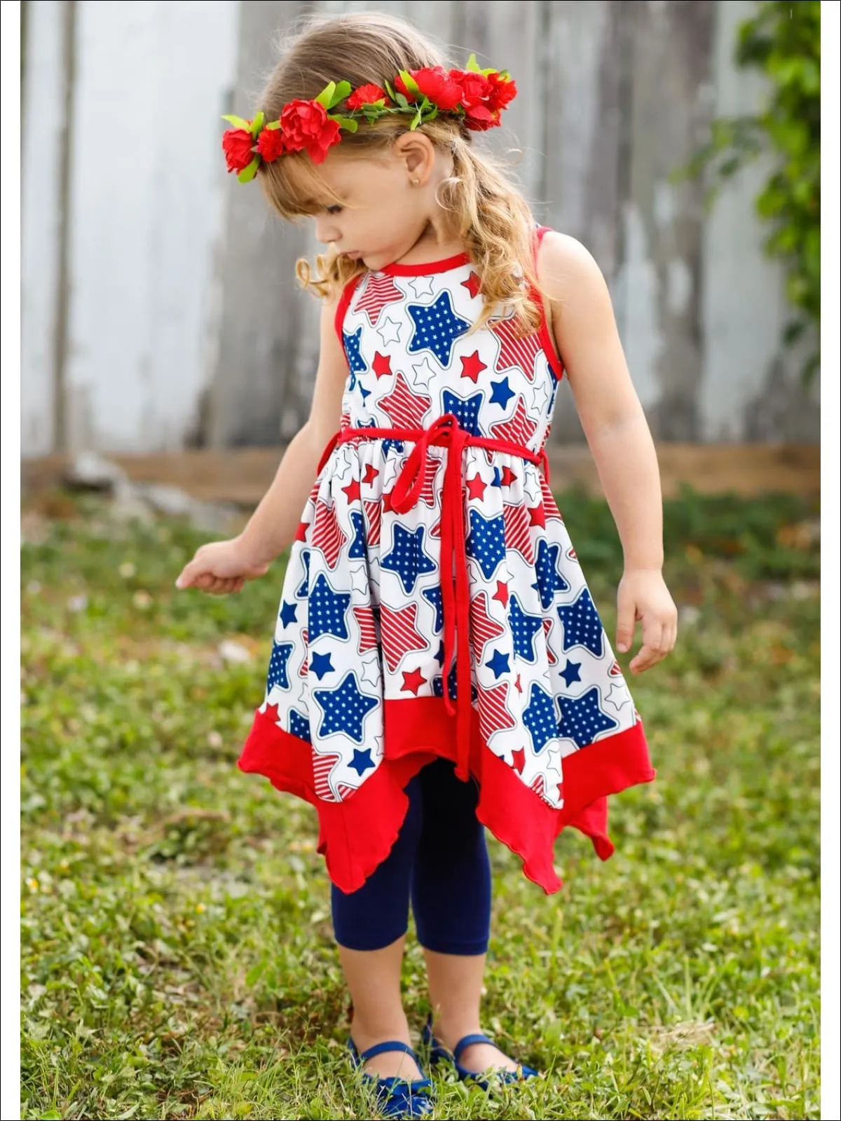 Girls 4th of July Themed Handkerchief Tunic And Capri Legging Set