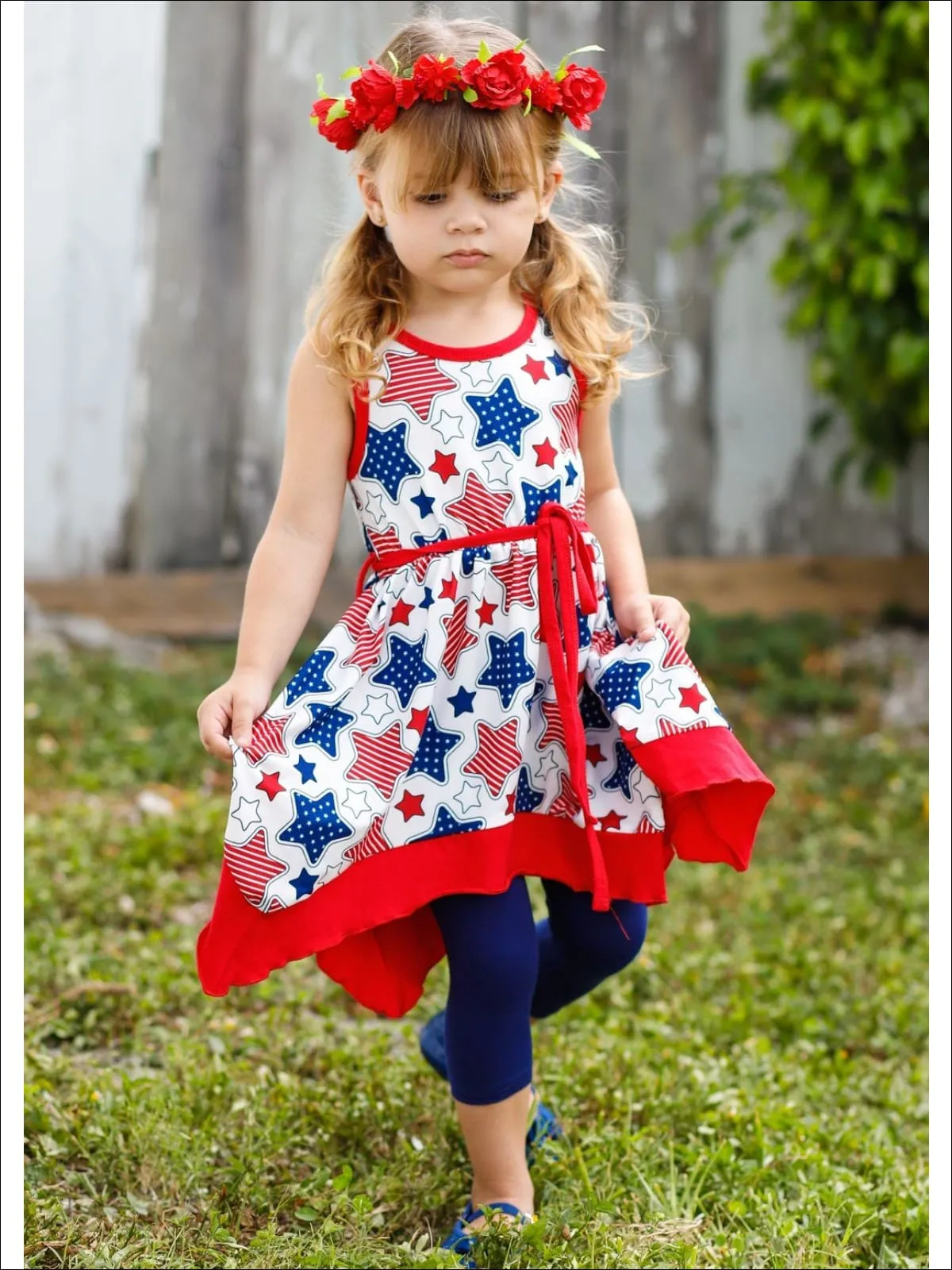 Girls 4th of July Themed Handkerchief Tunic And Capri Legging Set