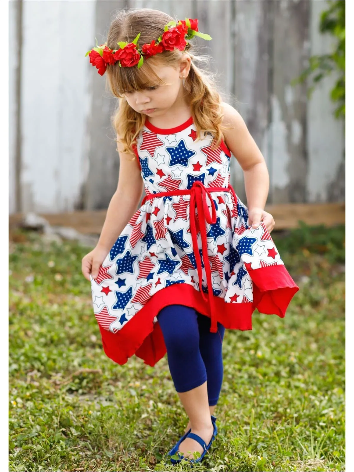 Girls 4th of July Themed Handkerchief Tunic And Capri Legging Set