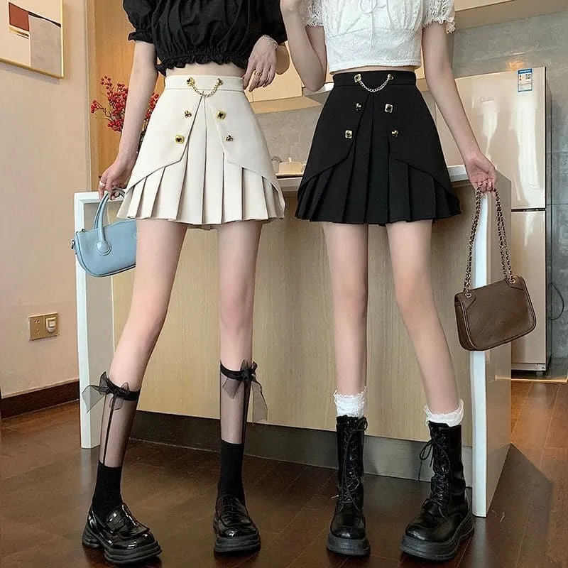 High Waist A-Line Front Button Pattern Pleated Mini Skirt