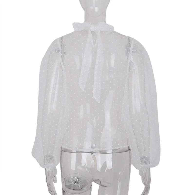 Highstreet Mock Neck Bubble Long Sleeve See Through Women Blouses