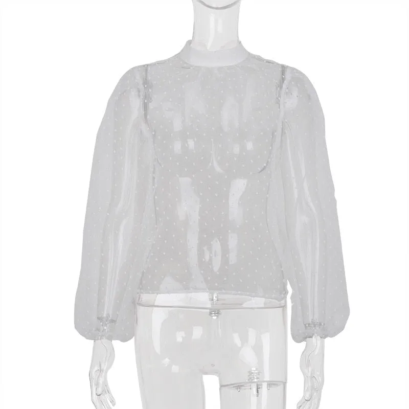 Highstreet Mock Neck Bubble Long Sleeve See Through Women Blouses