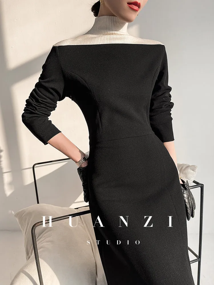 Huanzi new  elegant classic black high turtle neck dress - Kios