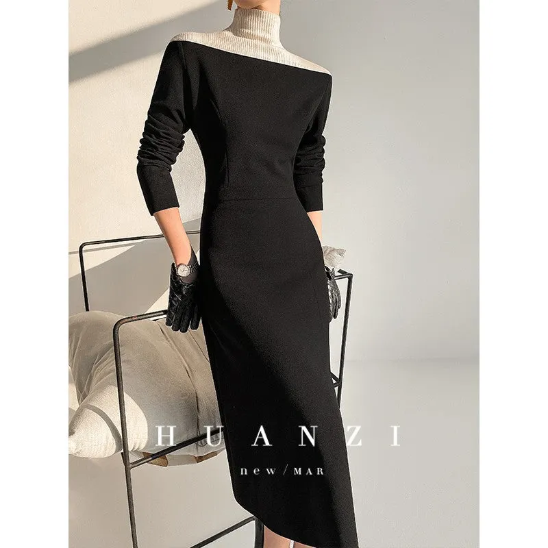 Huanzi new  elegant classic black high turtle neck dress - Kios