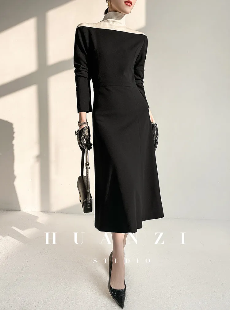 Huanzi new  elegant classic black high turtle neck dress - Kios