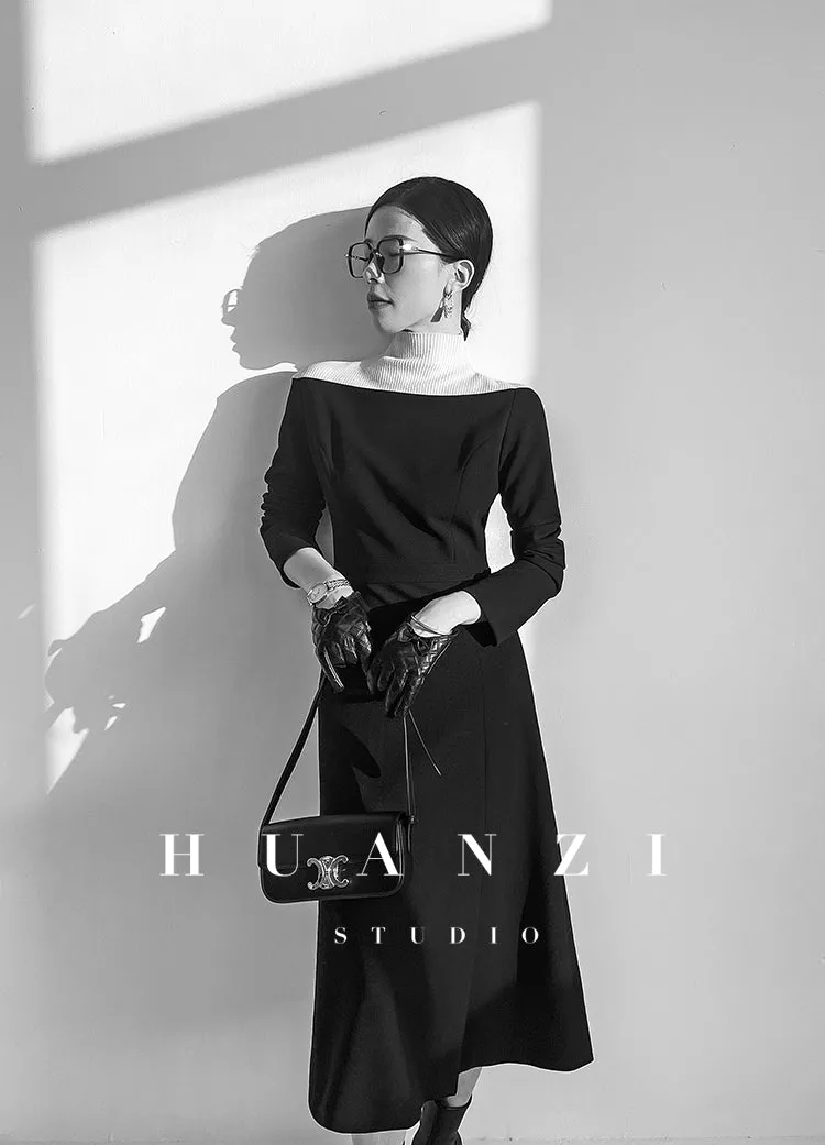 Huanzi new  elegant classic black high turtle neck dress - Kios