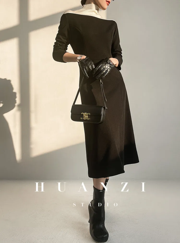 Huanzi new  elegant classic black high turtle neck dress - Kios