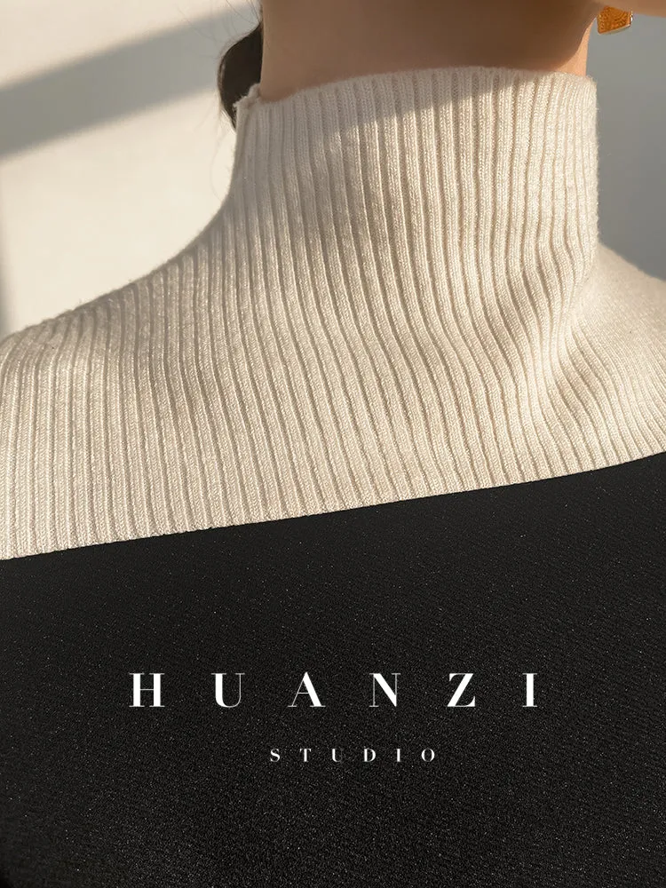 Huanzi new  elegant classic black high turtle neck dress - Kios