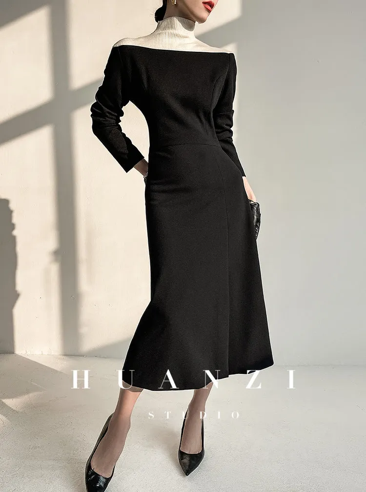 Huanzi new  elegant classic black high turtle neck dress - Kios