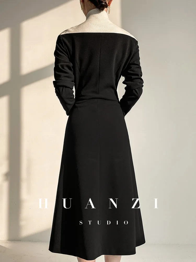 Huanzi new  elegant classic black high turtle neck dress - Kios