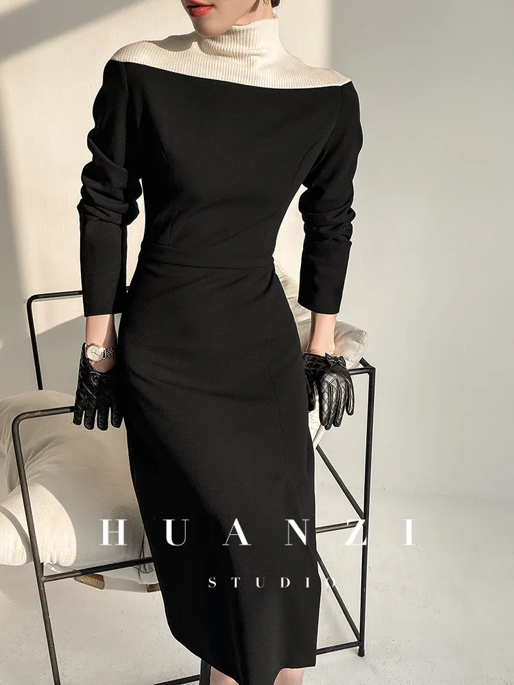 Huanzi new  elegant classic black high turtle neck dress - Kios