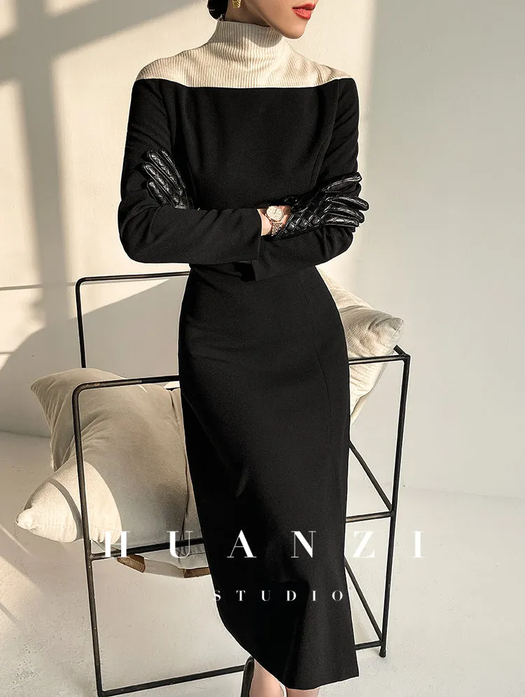 Huanzi new  elegant classic black high turtle neck dress - Kios