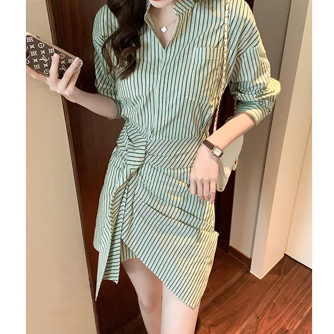 Irregular Striped Waisted Long Sleeve Shirt Dress