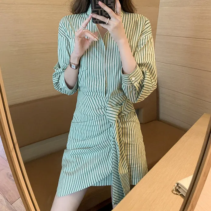 Irregular Striped Waisted Long Sleeve Shirt Dress