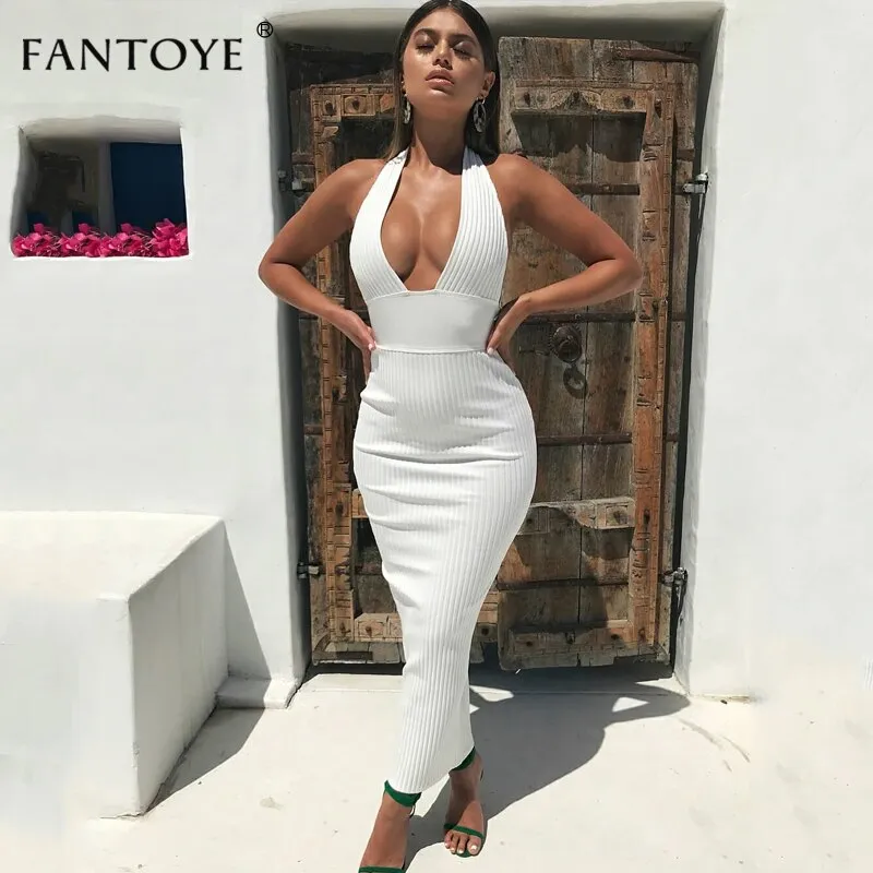 Joskaa Fantoye Women Halter V-Neck Party Dresses 2024 Autumn Summer Knitted Sexy Slim Bodycon Bandage Long Maxi Dress Vestidos