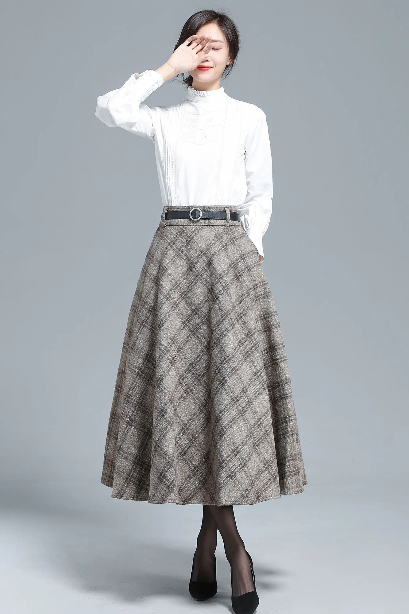 Khaki Plaid Wool Skirt 3133