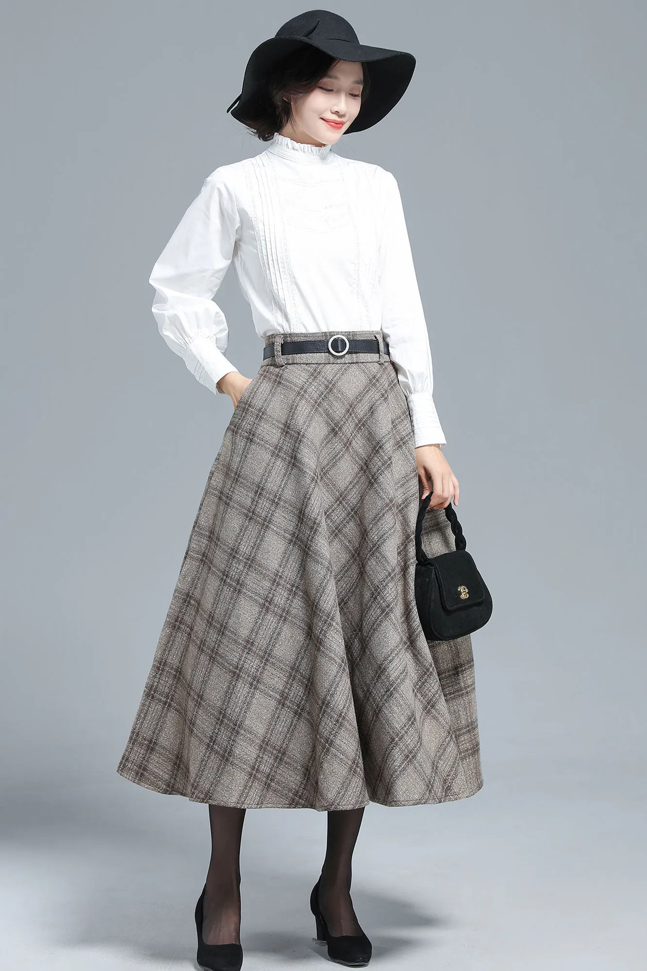 Khaki Plaid Wool Skirt 3133