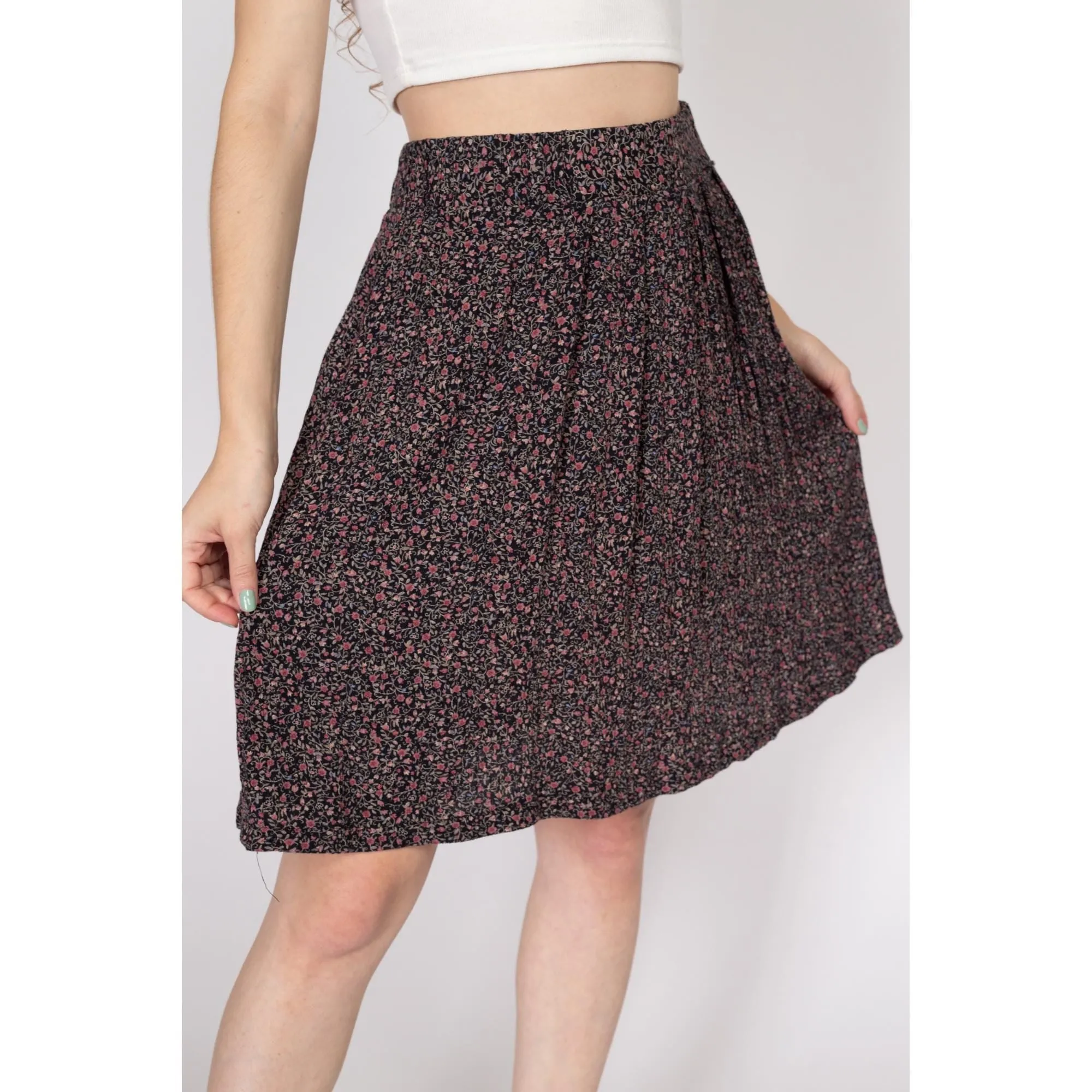 Large 90s Black Floral Rayon Mini Skirt