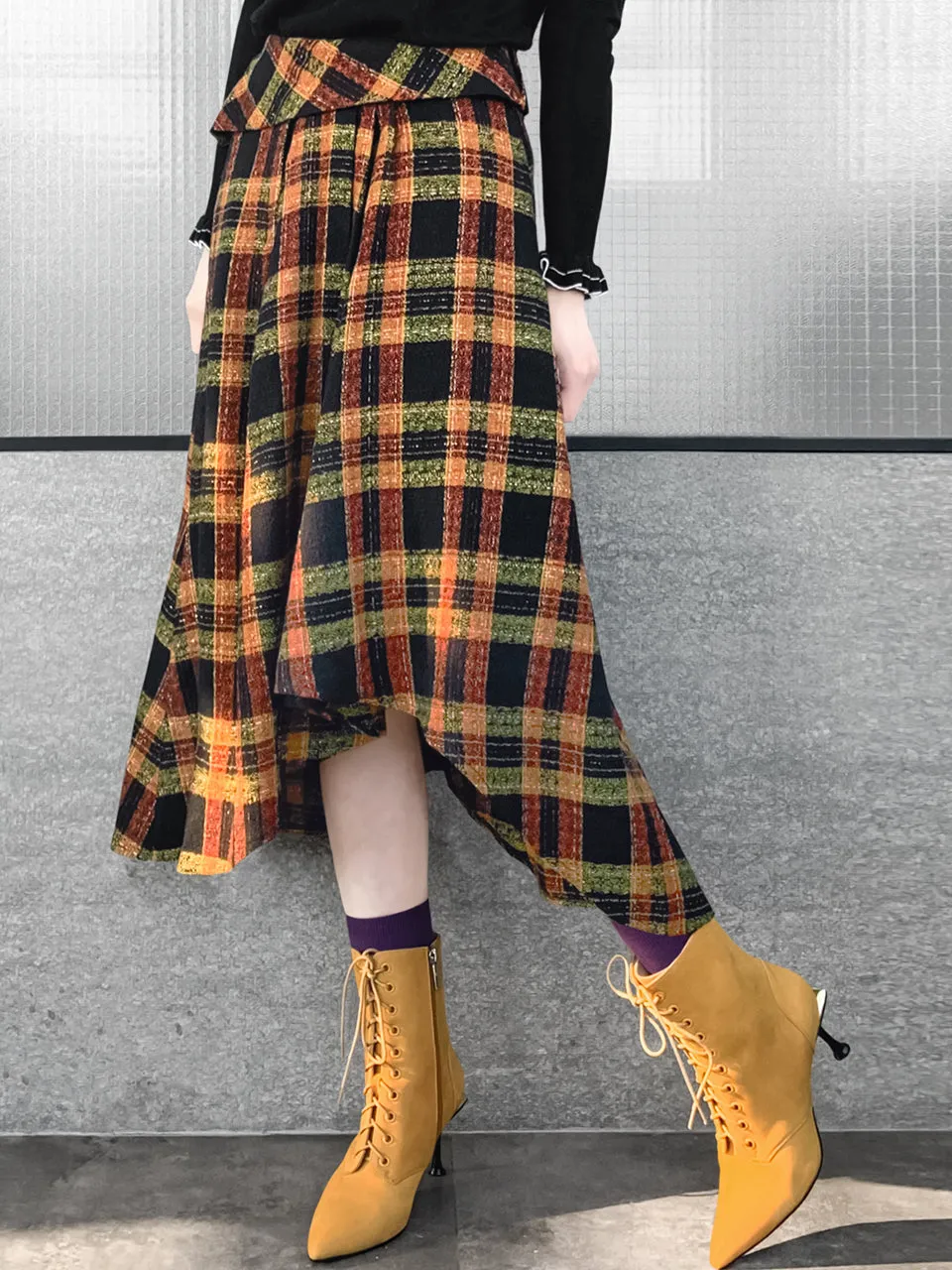 Last Chance! Yellowish Tartan Roll Top High/Low Flowy Skirt