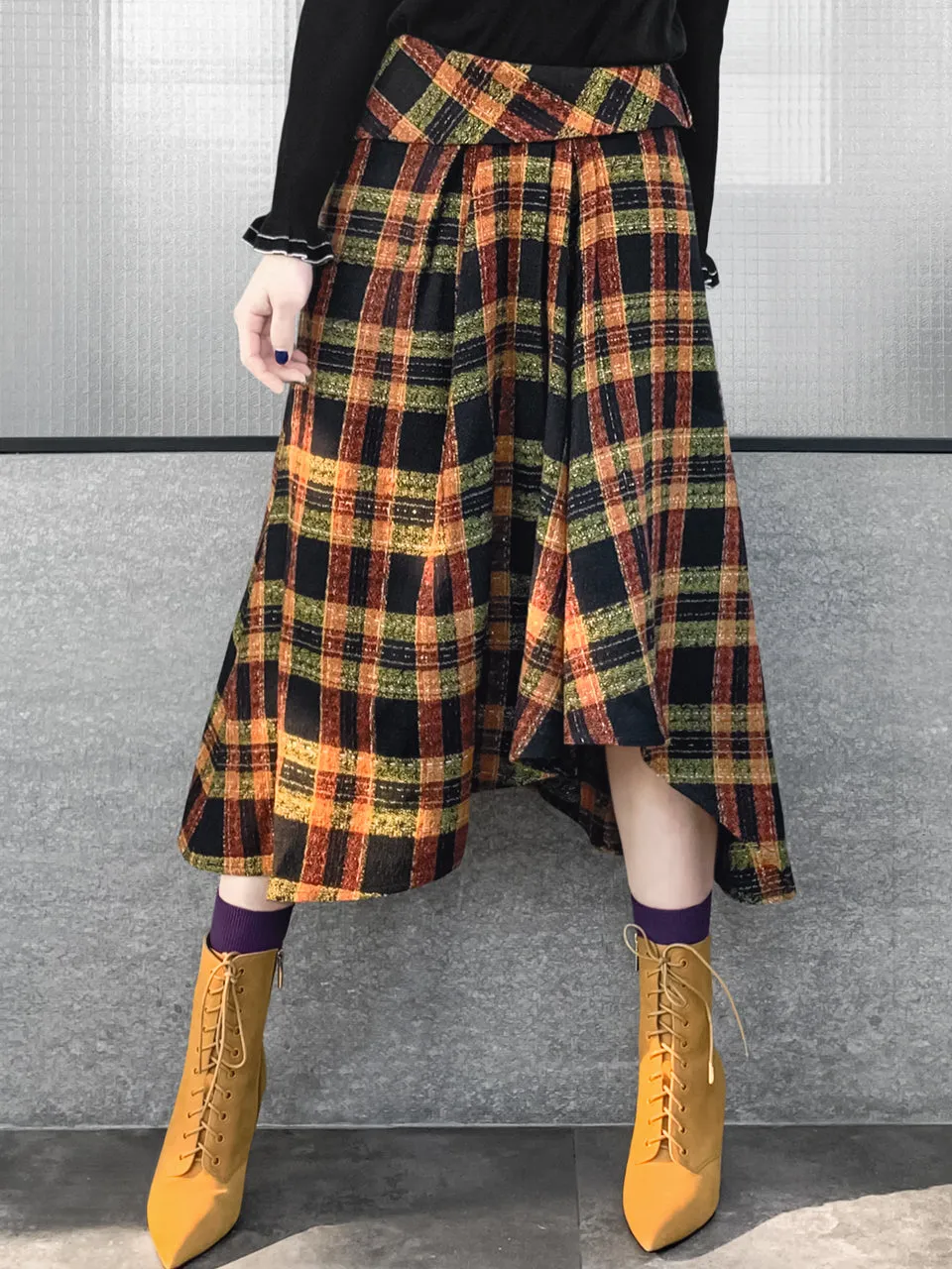 Last Chance! Yellowish Tartan Roll Top High/Low Flowy Skirt