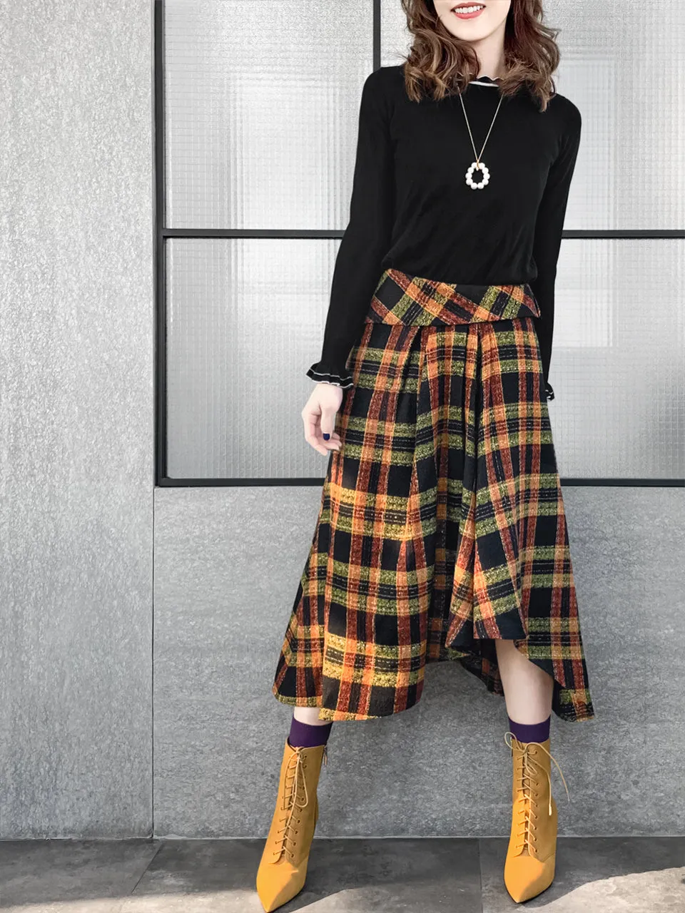 Last Chance! Yellowish Tartan Roll Top High/Low Flowy Skirt