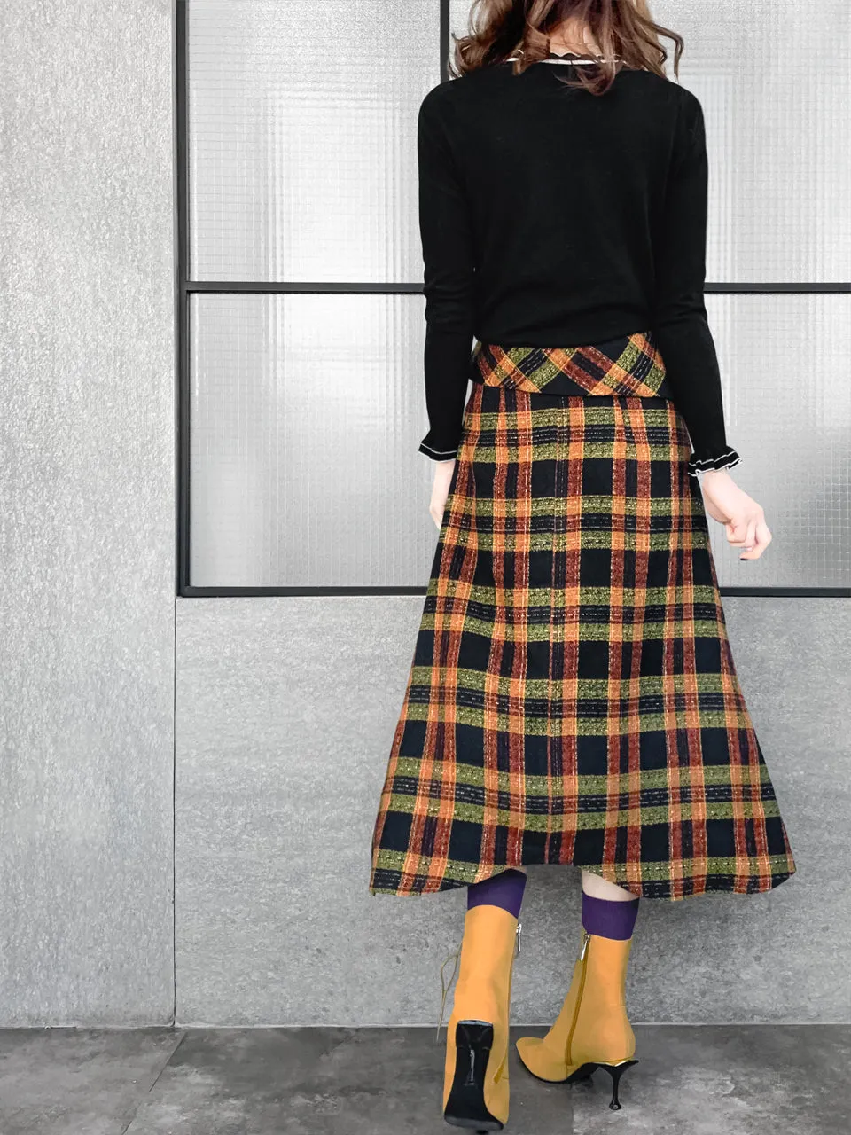 Last Chance! Yellowish Tartan Roll Top High/Low Flowy Skirt