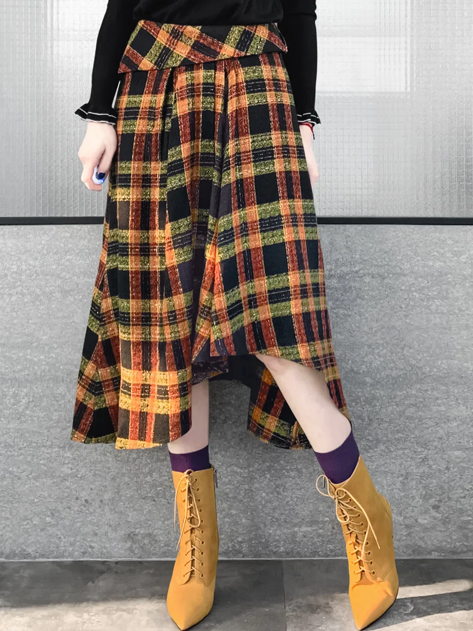 Last Chance! Yellowish Tartan Roll Top High/Low Flowy Skirt