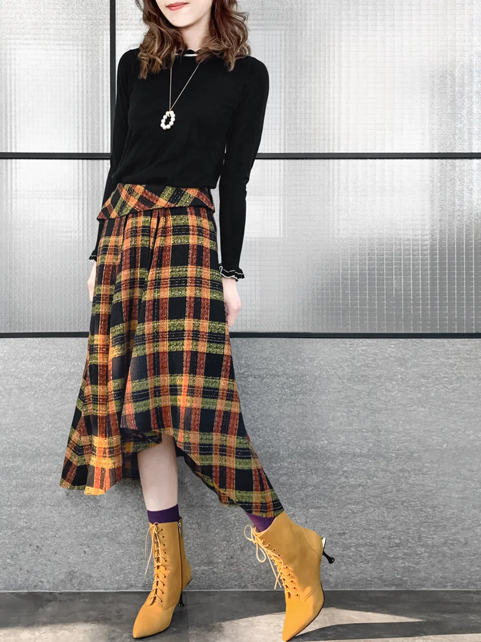 Last Chance! Yellowish Tartan Roll Top High/Low Flowy Skirt