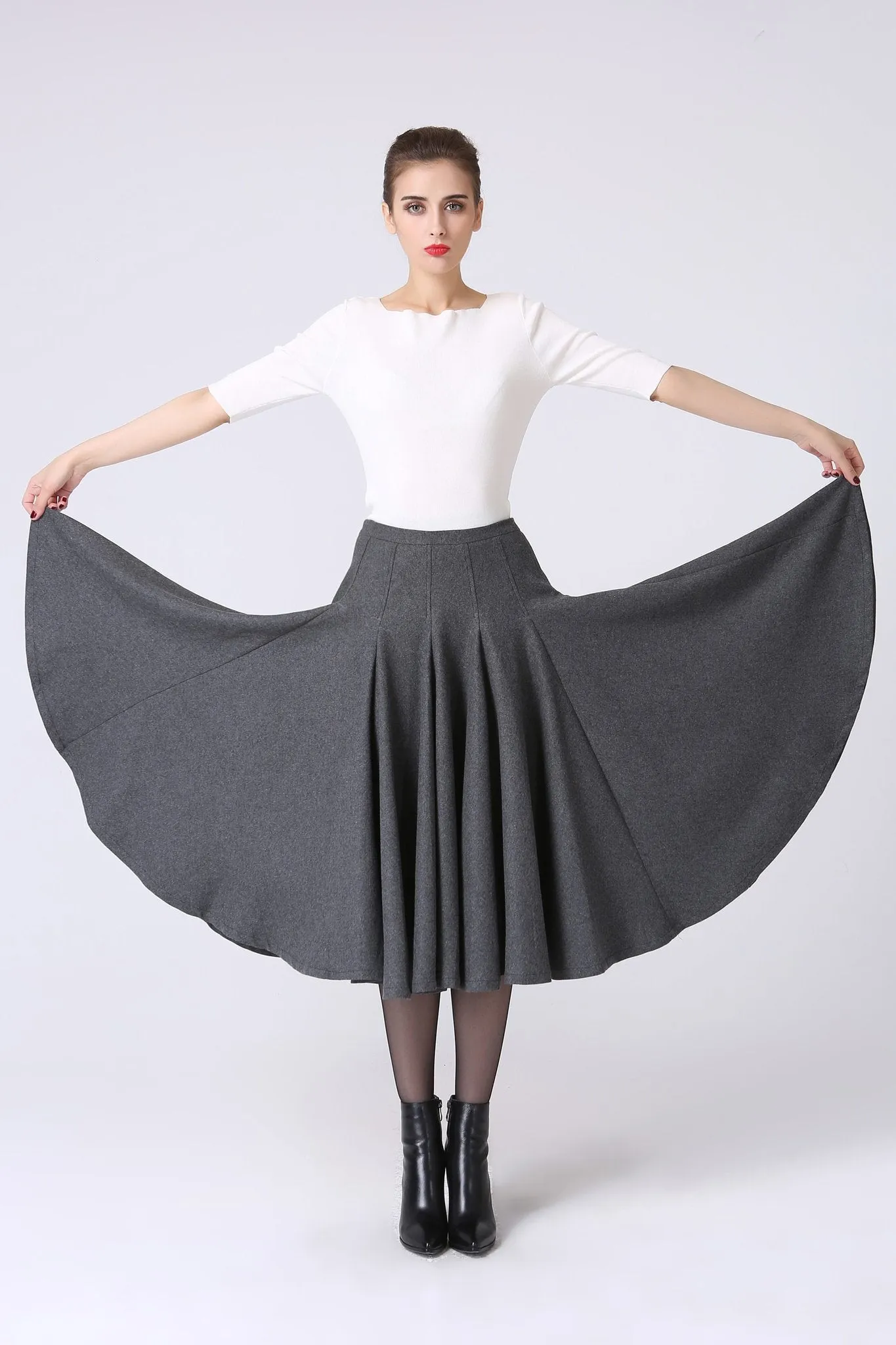 Light gray wool swing skirt for winter 0748#