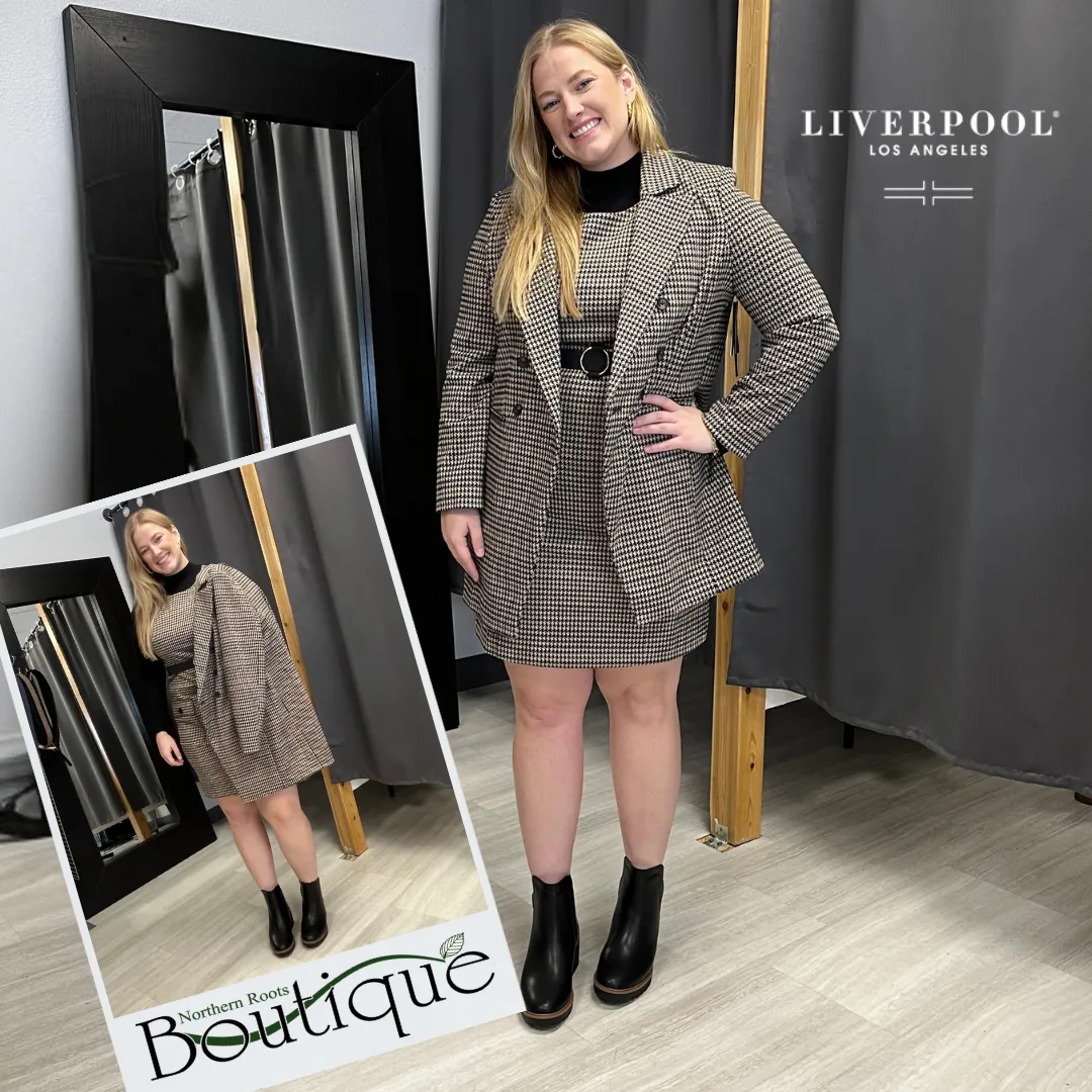 Liverpool Double Breasted Longline Blazer (Black/Tan Houndstooth)